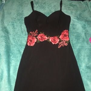 Black w/ red flowers long slit dress